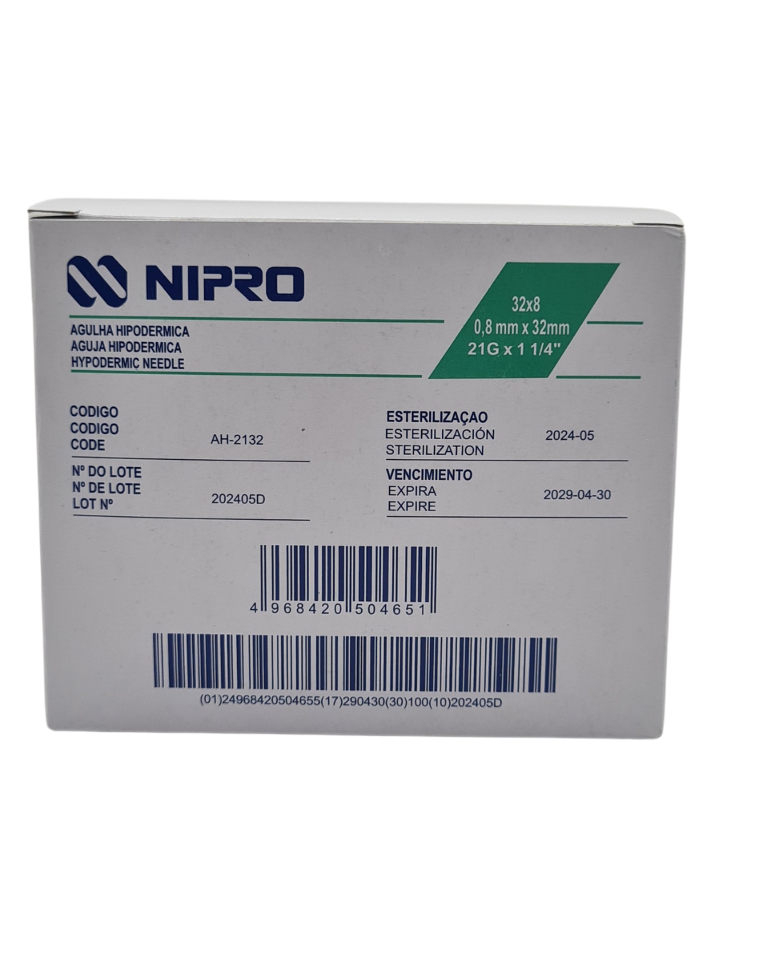 Aguja hipodérmica desechable NIPRO 21Gx32mm verde