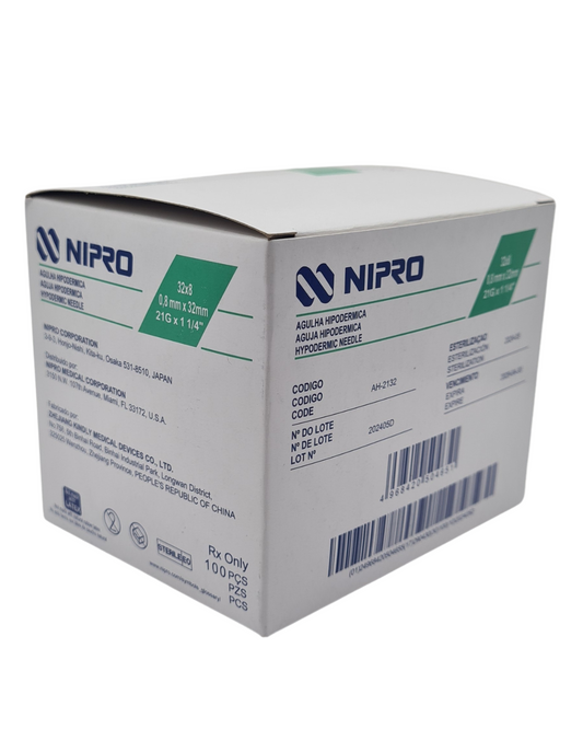 Aguja hipodérmica desechable NIPRO 21Gx32mm verde