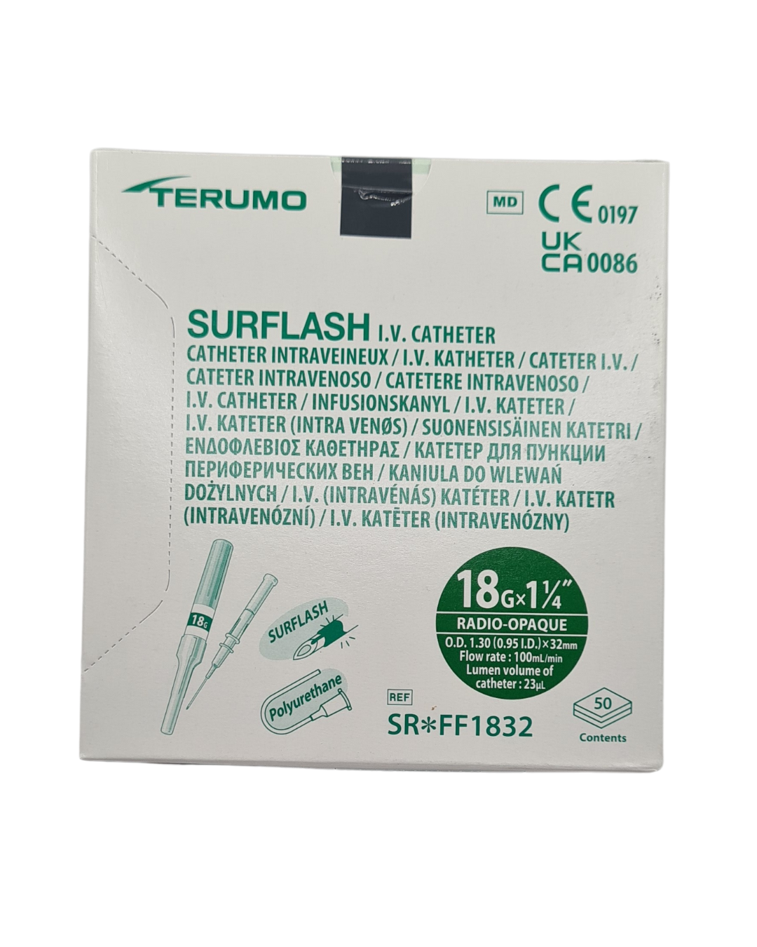 Catéter I.V. Surflash 18G x 1 1/4" (32mm) verde TERUMO