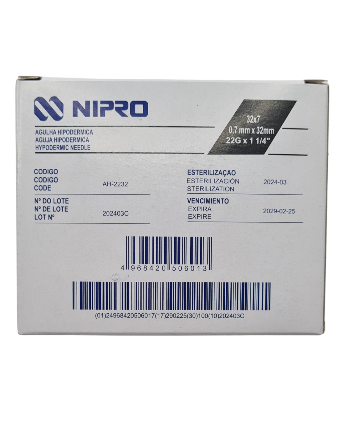 Aguja hipodérmica desechable NIPRO 22Gx32mm negro