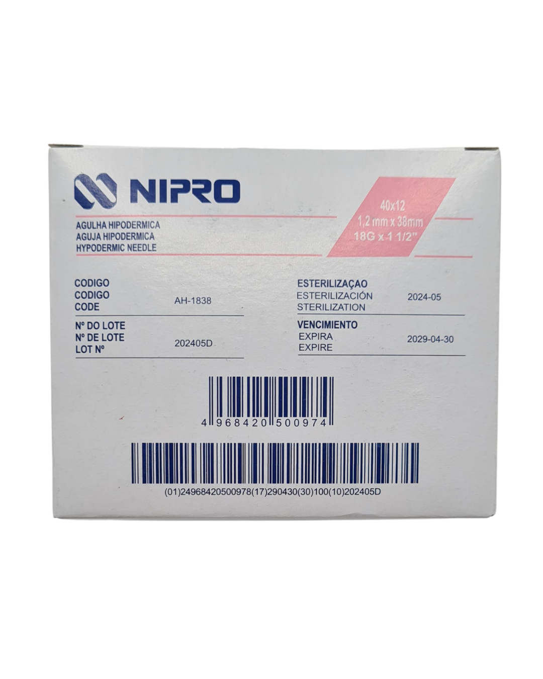 Aguja hipodérmica desechable NIPRO 18Gx38mm rosa