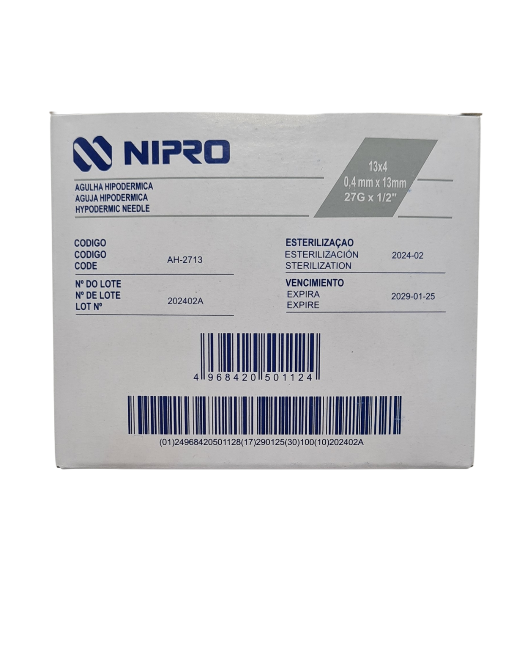 Aguja hipodérmica desechable NIPRO 27Gx13mm gris