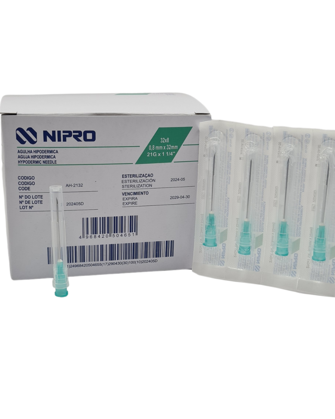 Aguja hipodérmica desechable NIPRO 21Gx32mm verde