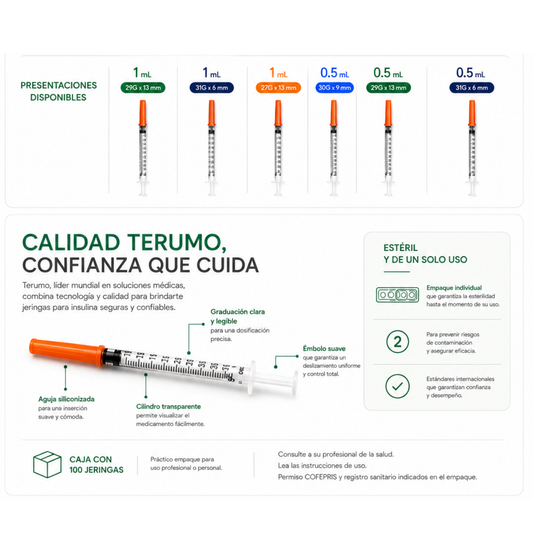 Jeringa para Insulina TERUMO | Aguja Ultra-fina Integrada | U-100 | 0.5 mL / 1 mL